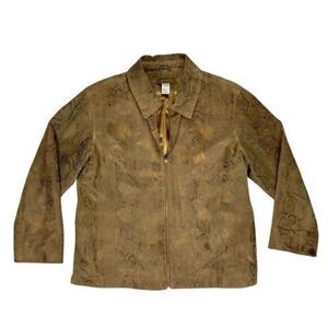 Chico’s Leather Jacket Womens Large Brown Gold Metallic Snake Skin Print Coat